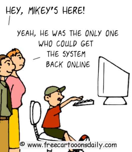 Single panel cartoon about kid fixing the computer for parents