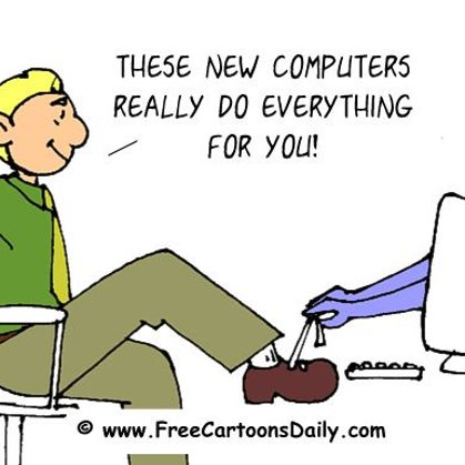 Funny Computer Cartoon- Computer Tying shoelace
